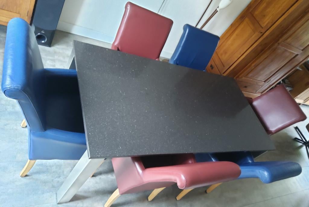 Buitenkans eettafel composiet,rvs onderstel  6 leren stoelen, Huis en Inrichting, Tafels | Eettafels, Ophalen, Overige materialen