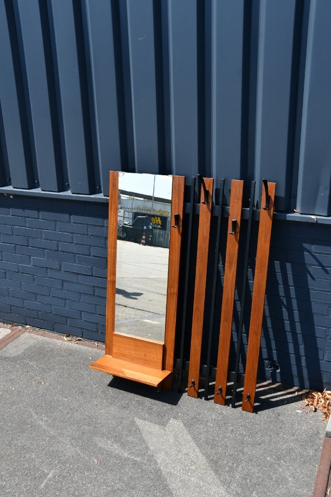 Vintage kapstok met spiegel en plankje - Teak, Ophalen, Gebruikt, 100 tot 150 cm, 75 tot 100 cm