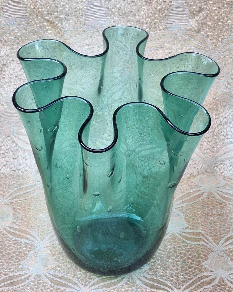 Mondgeblazen Italiaanse Murano groen glazen Fazzoletto vaas, Ophalen of Verzenden