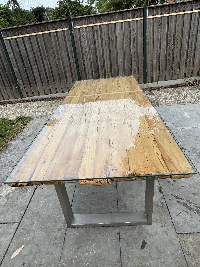 Goossens Eettafel 'Rough' (240 cm) | Teakhout, RVS & Glas, Ophalen, Gebruikt, 200 cm of meer, 50 tot 100 cm