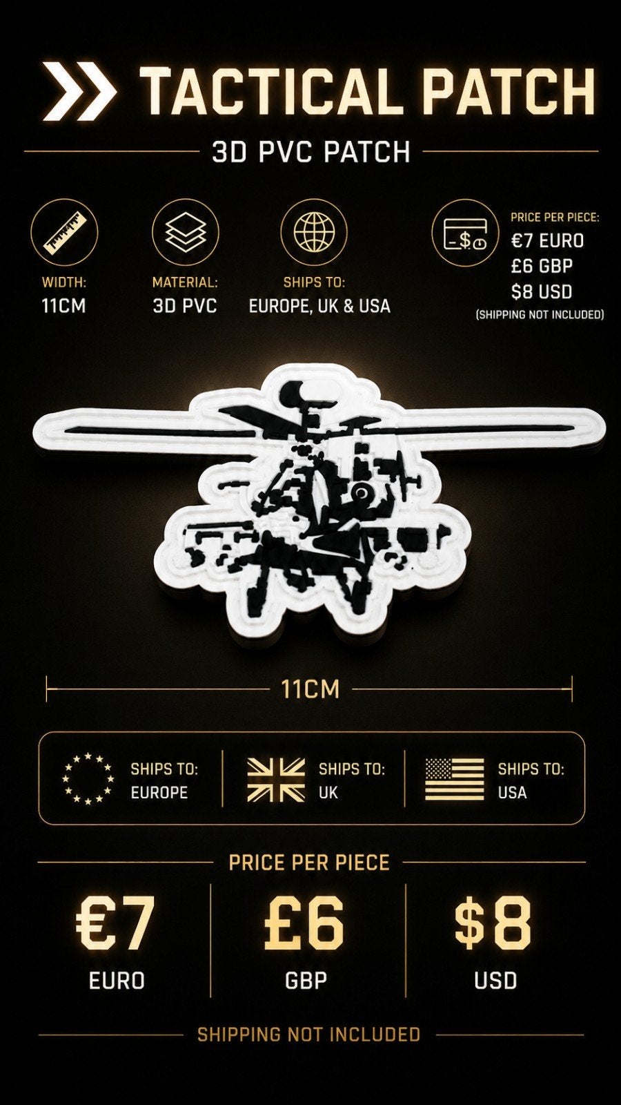 Tactische Apache Helikopter Patch - 3D PVC 11cm, Ophalen of Verzenden, Nieuw