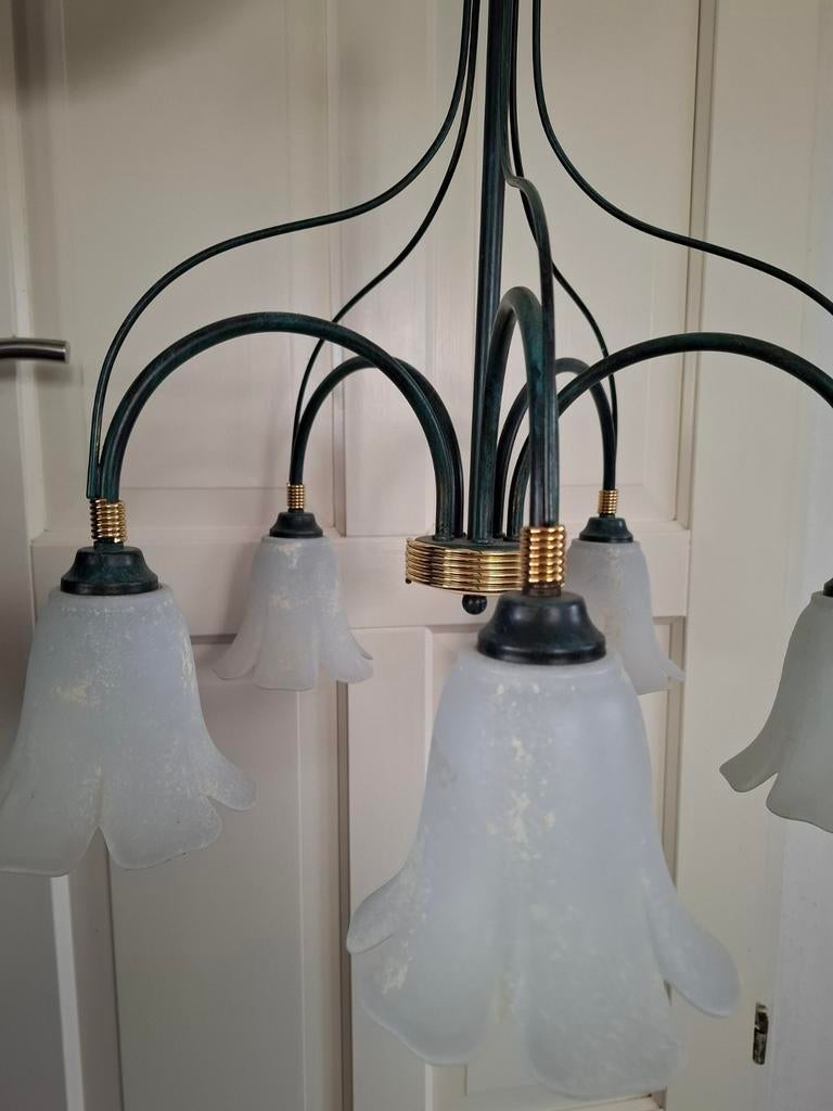 Kroonluchter met 5 glazen kelken, Huis en Inrichting, Lampen | Kroonluchters, Ophalen, Gebruikt