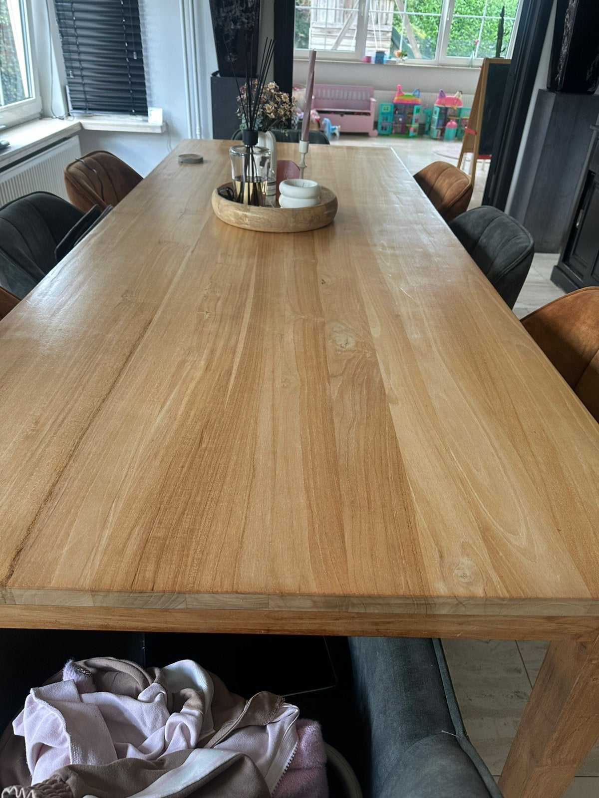 Massief eiken eettafel 260cm, Ophalen, 200 cm of meer, 50 tot 100 cm, Zo goed als nieuw