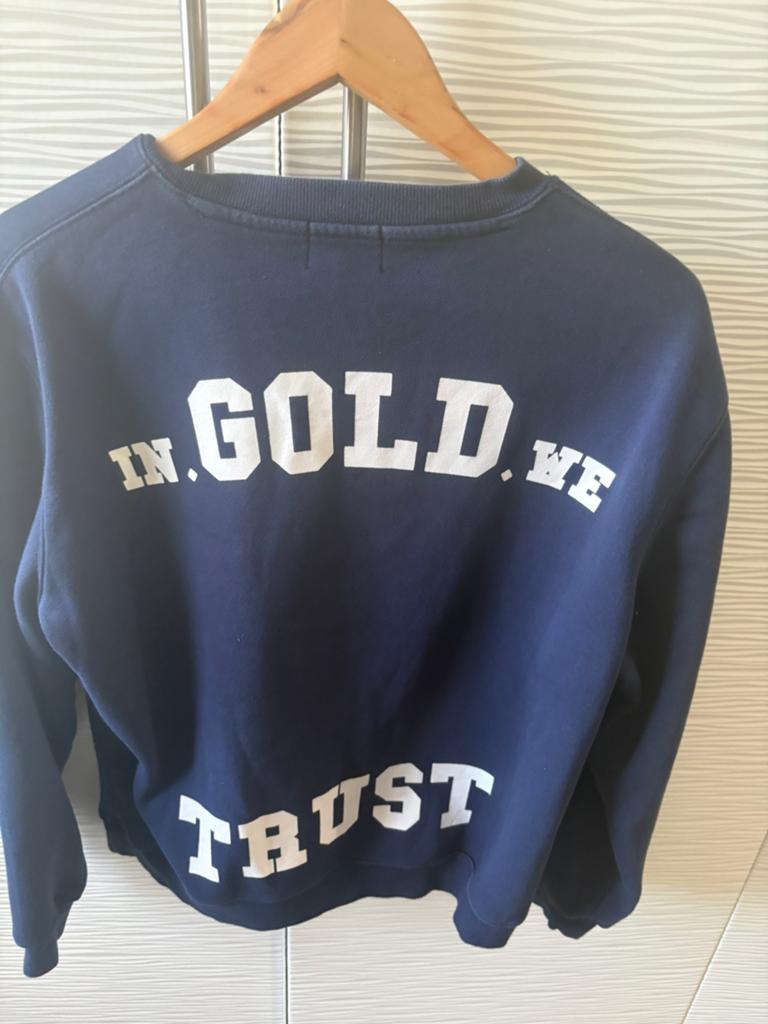 In Gold We Trust trainingspak (trui en broek), Kleding | Dames, Ophalen of Verzenden, Zo goed als nieuw, Maat 42/44 (L), Blauw