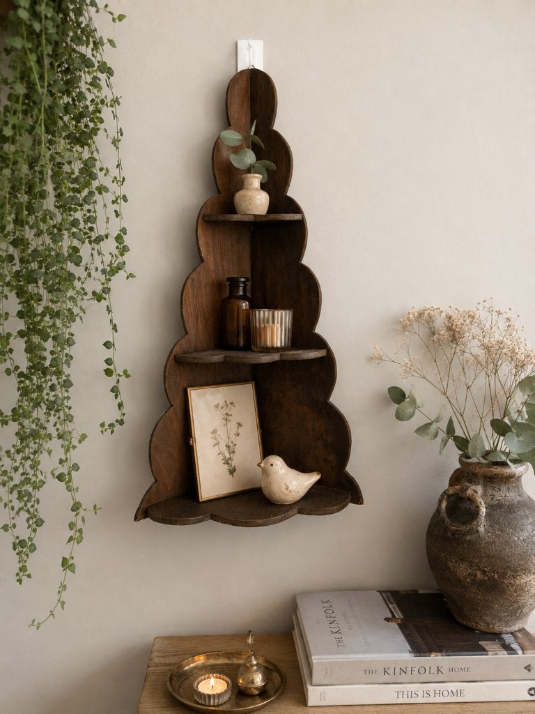 Vintage houten hoekrek – wandrek – brocante/boho – 65 cm, Huis en Inrichting, Ophalen of Verzenden