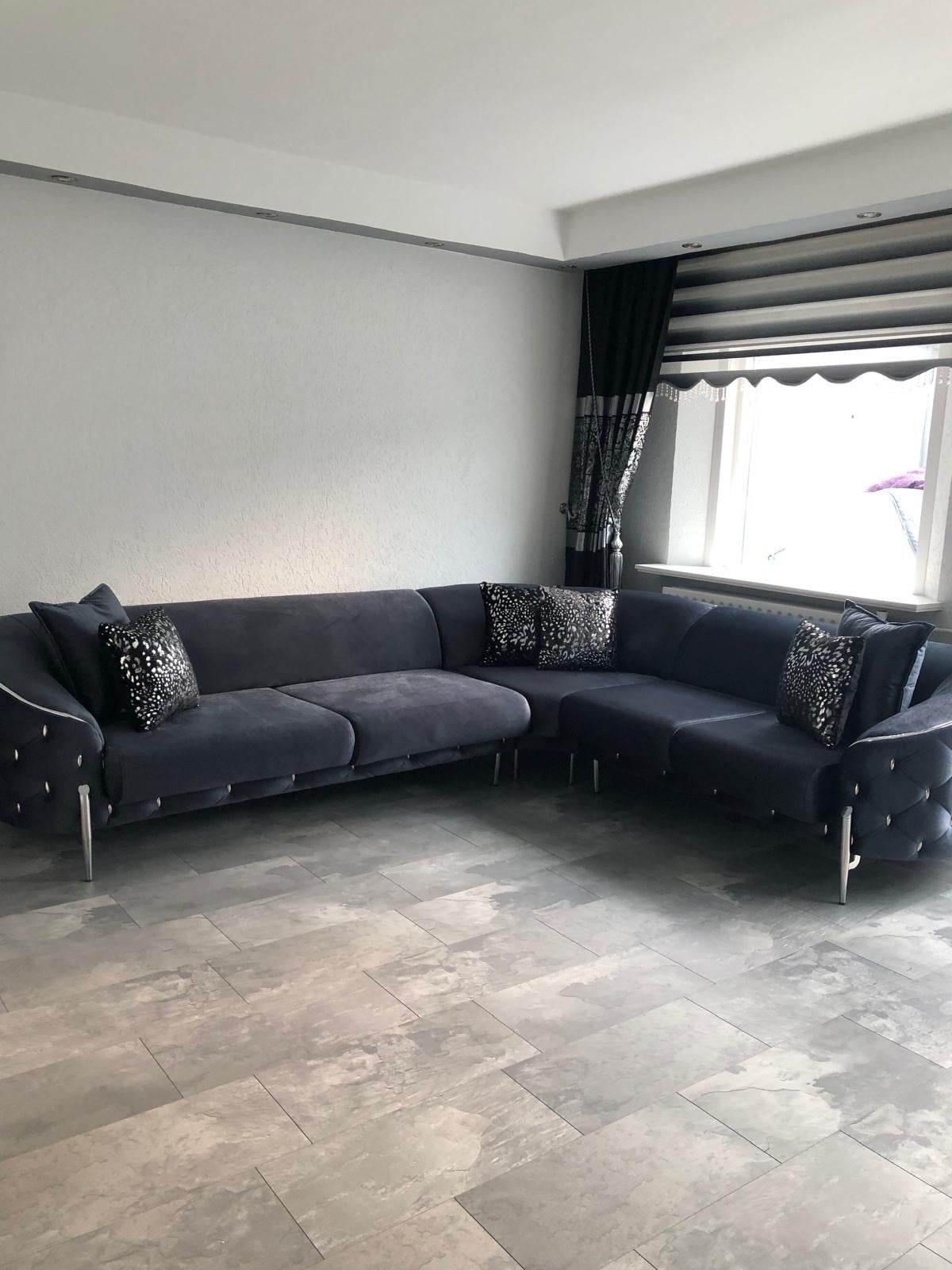 Luxe Hoekbank - Antraciet donkerblauw, Huis en Inrichting, Hoekbank, 300 cm of meer, Ophalen of Verzenden, Zo goed als nieuw