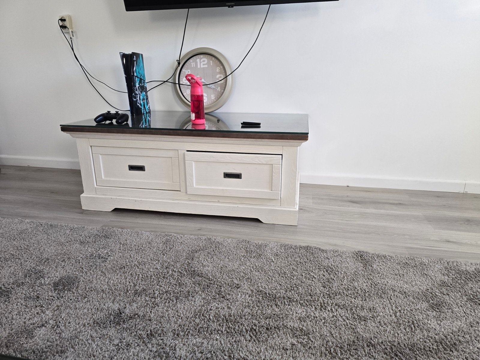 Witte salontafel met glasplaat en lades, Huis en Inrichting, Gebruikt, 100 tot 150 cm, Overige houtsoorten, Ophalen of Verzenden
