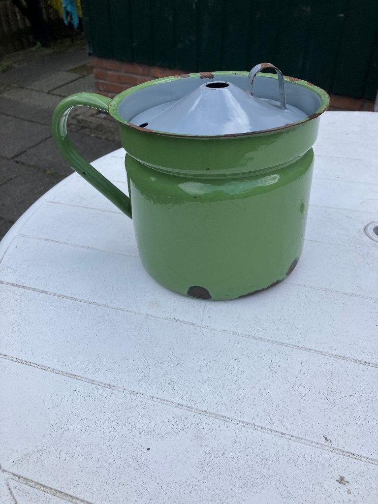 emaille licht groen melk koker + deksel, Antiek en Kunst, Antiek | Emaille, Ophalen of Verzenden