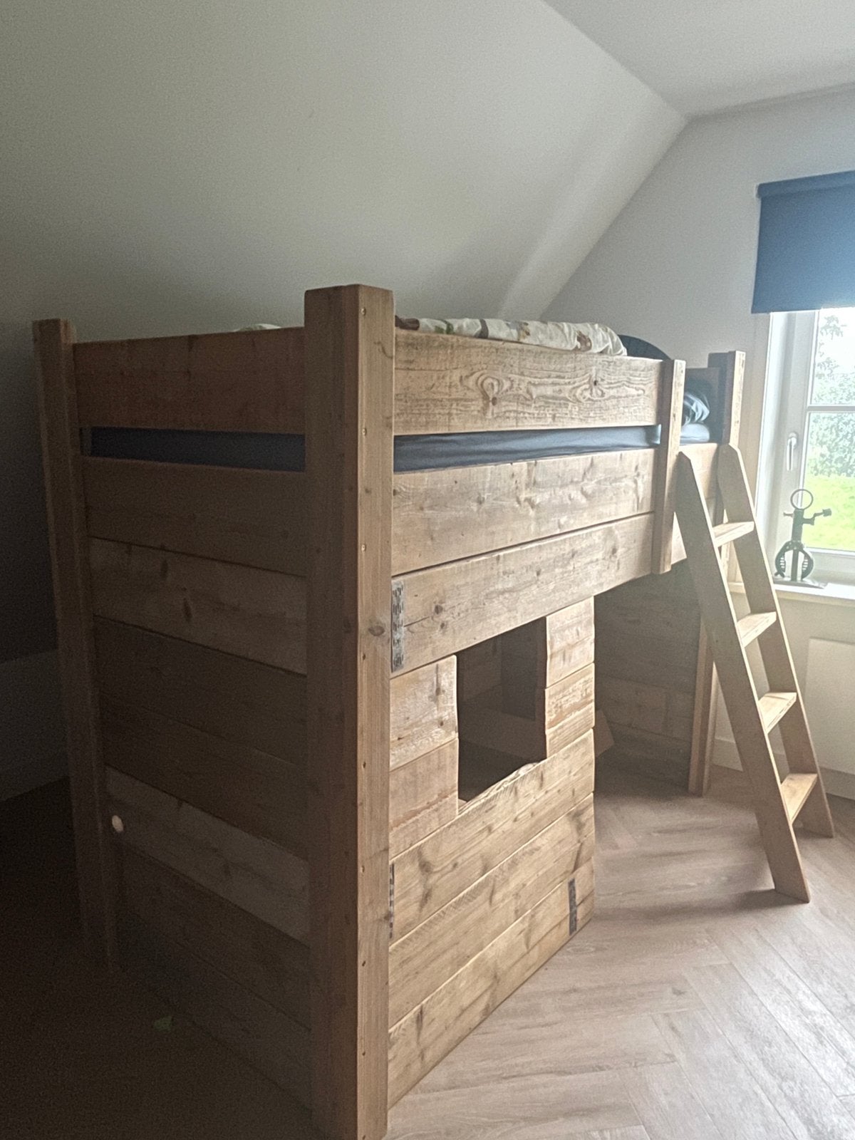 Stoere hoogslaper van steigerhout, Ophalen, Zo goed als nieuw, Hoogslaper