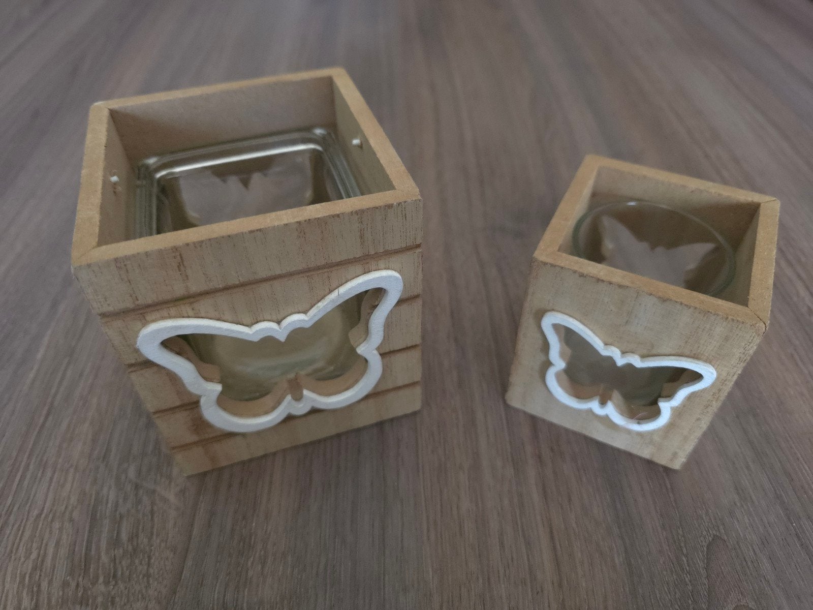 Set van 2 houten waxinelichthouders met vlinderdecoratie, Bruin, Overige merken, Waxinelichthouder, Ophalen of Verzenden