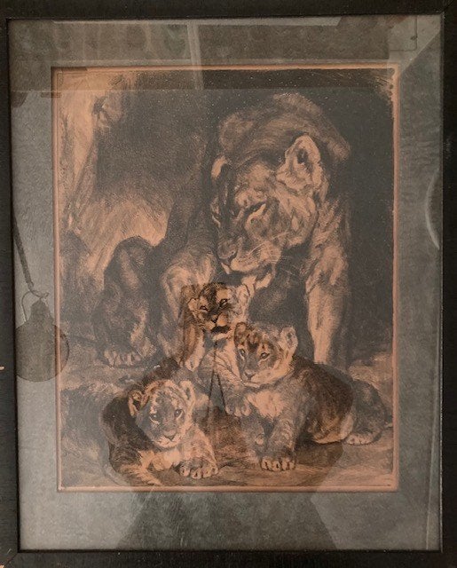 Vintage ingelijste litho - C. J.  Mension (1882 - 1950), Gesigneerd, Ophalen, Dieren en Natuur