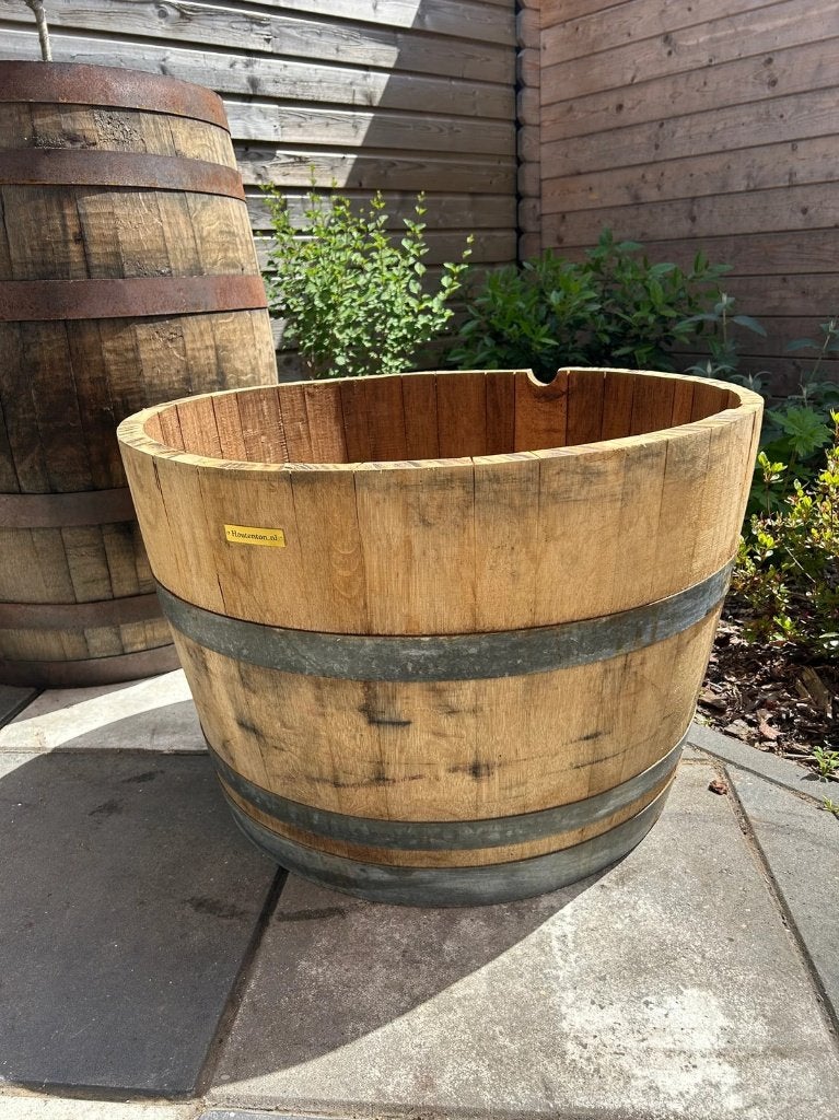Houten Ton Plantenbak Half 'Wijn' – massief eiken, 100 liter, Tuin en Terras, Ophalen, Gebruikt, Minder dan 60 cm, Rond