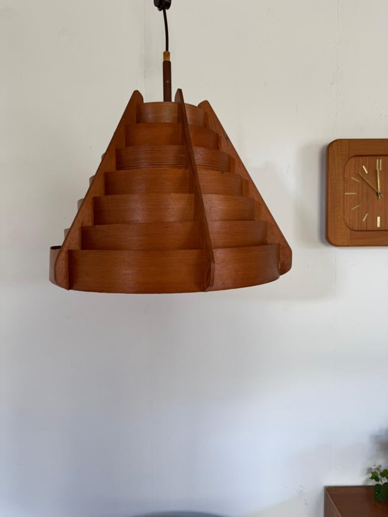 Vintage XL lamellen hanglamp, Hans Agne Jakobsson ‘60, Ophalen of Verzenden, Zo goed als nieuw, Hout, Vintage retro buisframe design rotan webbing papercord deens