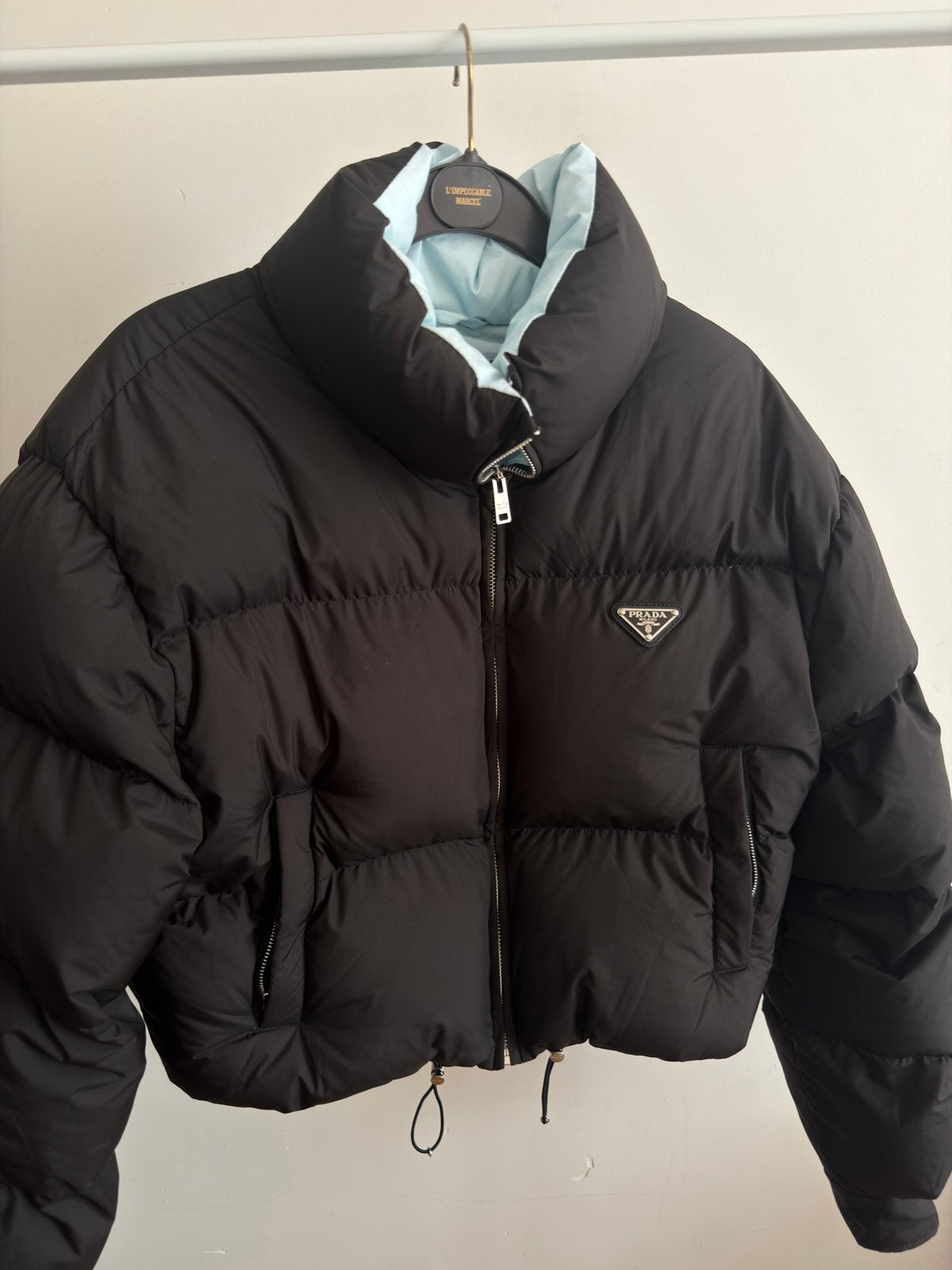 Prada Puffer Jas Zwart met Lichtblauwe Voering, Ophalen of Verzenden, Zo goed als nieuw, Maat 36 (S), Zwart