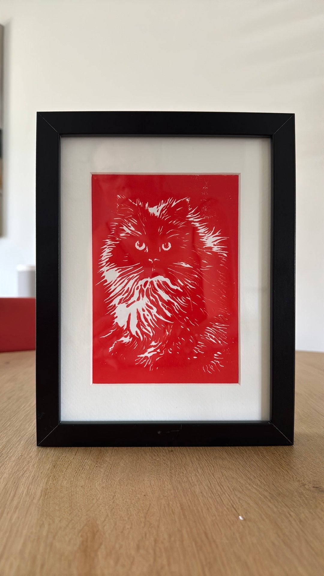 Lino snede ❤️ afdruk kat in lijst, Antiek en Kunst, Kunst | Litho's en Zeefdrukken, Ophalen of Verzenden