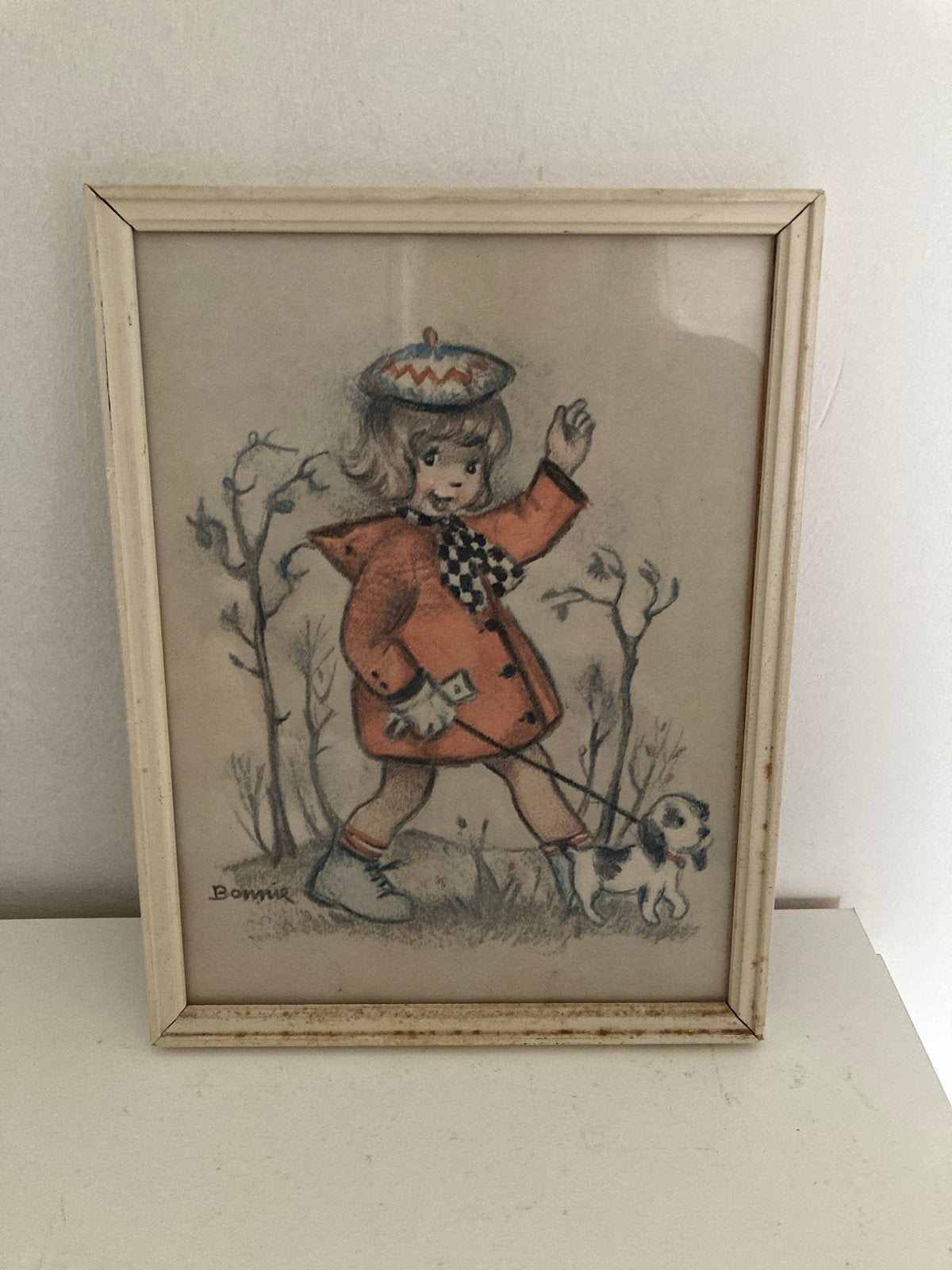 Vintage Bonnie print: meisje met hondje, Antiek en Kunst, Ophalen of Verzenden