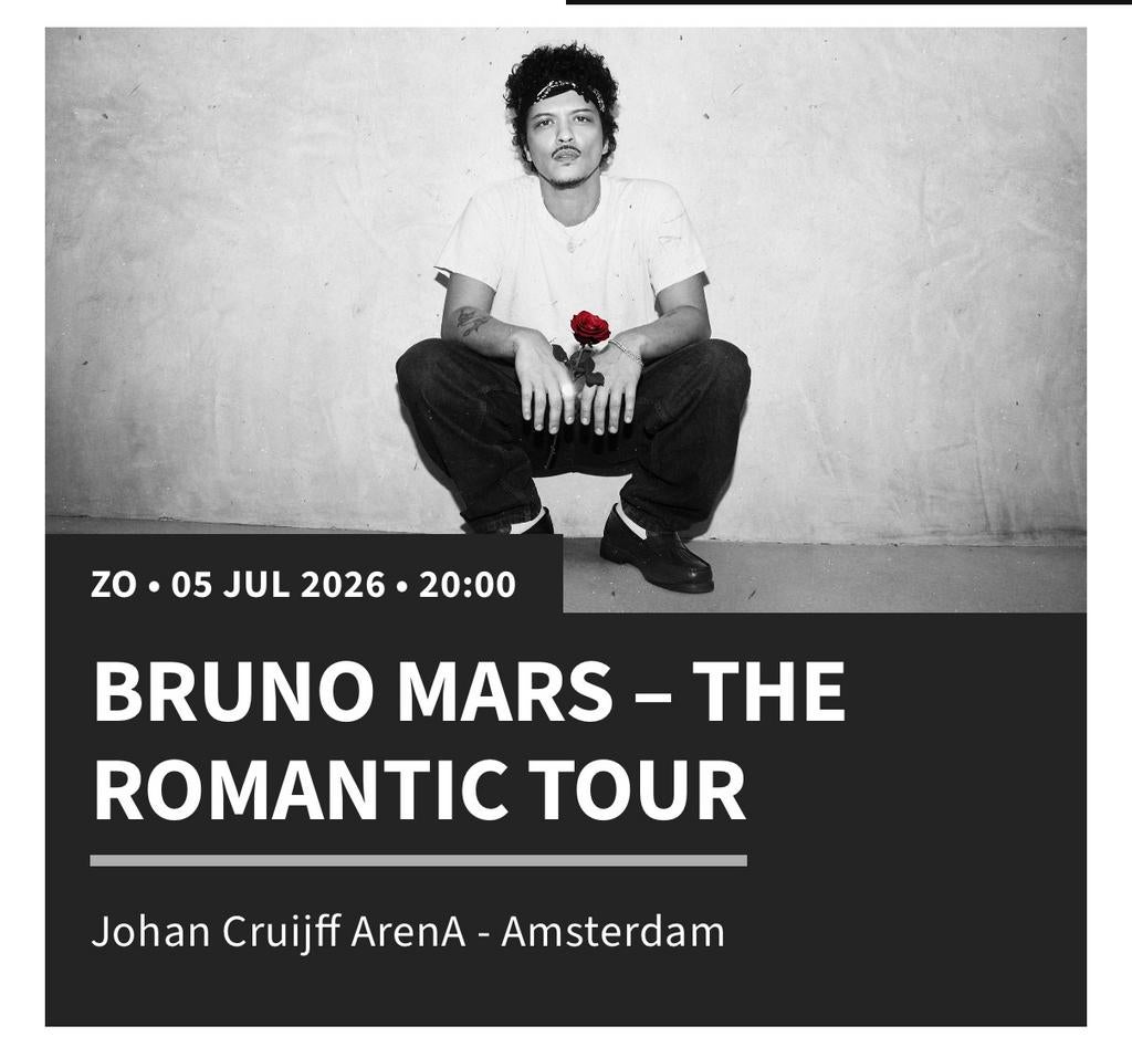 Bruno Mars ticket 5 juli - zitplaats, Tickets en Kaartjes, Concerten | Pop, Eén persoon, Juli