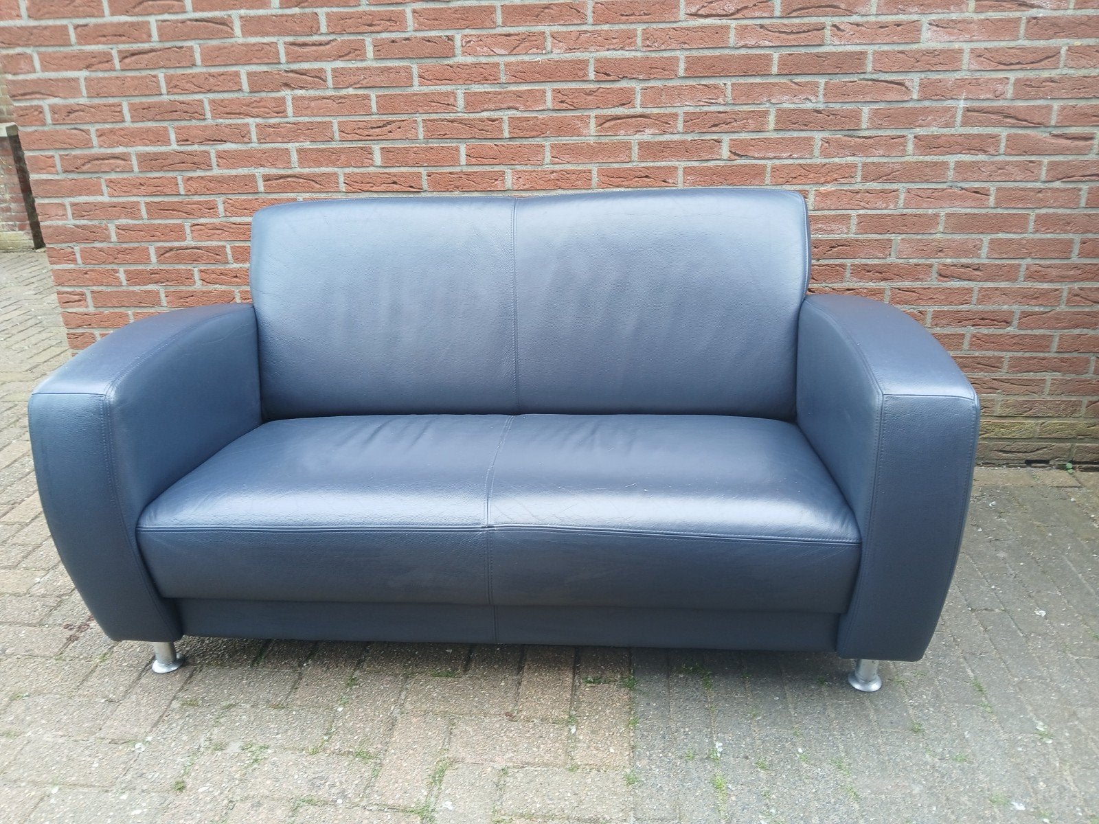 Twee zits blauw leren bankje., Huis en Inrichting, Ophalen, Gebruikt, 150 tot 200 cm, Tweepersoons