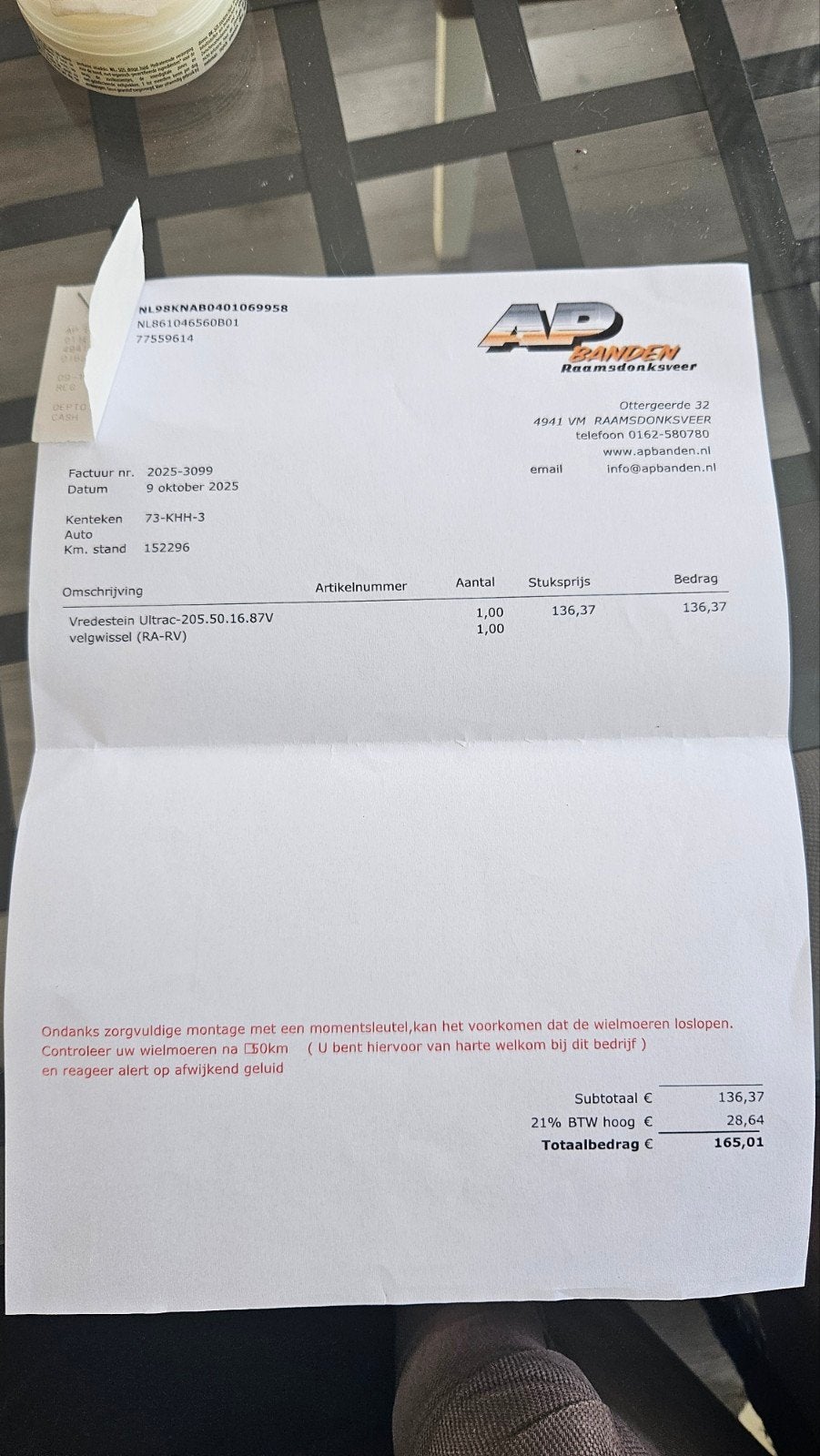 vredestein autoband, Ophalen