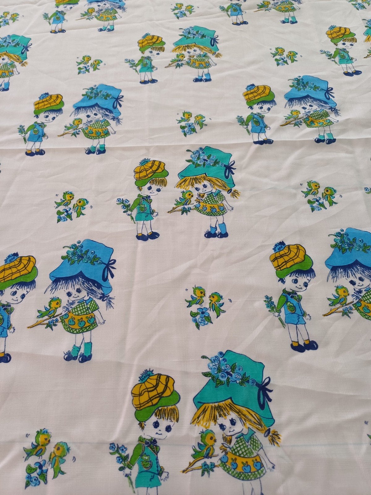 Stof vintage print kind vogeltjes, Blauw, 120 cm of meer, Ophalen of Verzenden, Katoen