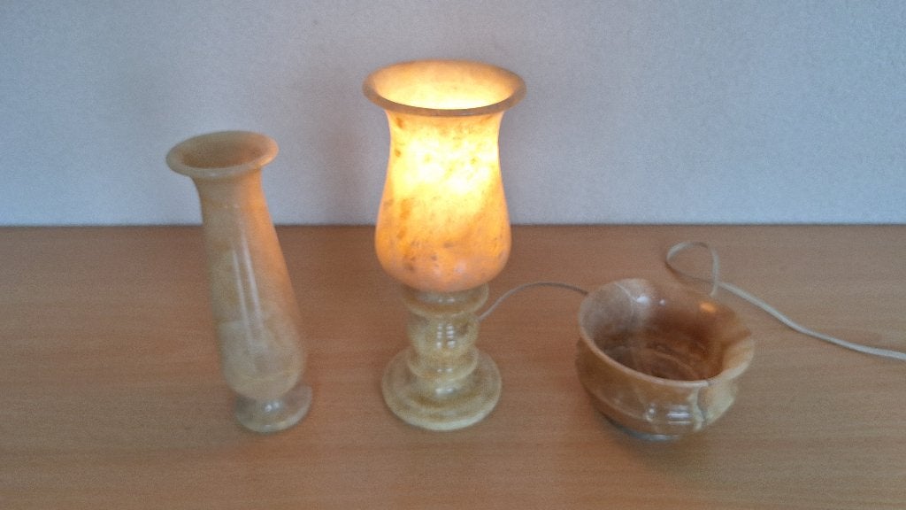 Vintage albast of onyx staande lamp met vaas en schaaltje, Ophalen of Verzenden