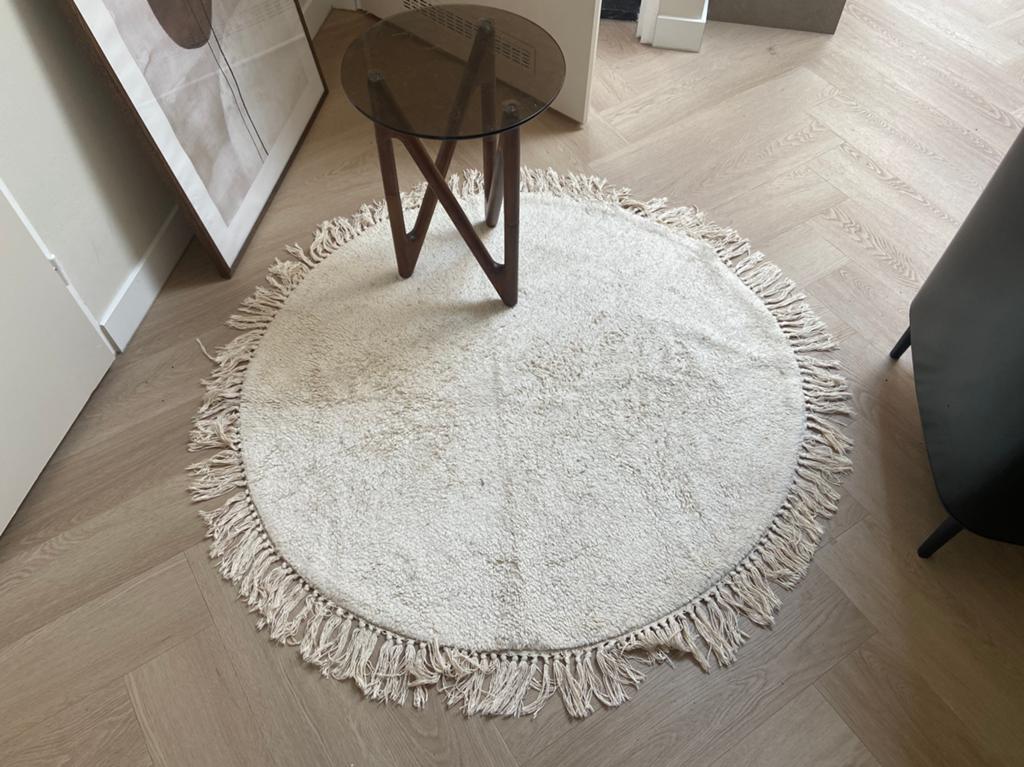 Rond vloerkleed beige met franjes Japandi - Ø130cm, Ophalen, Gebruikt, 100 tot 150 cm, Rond