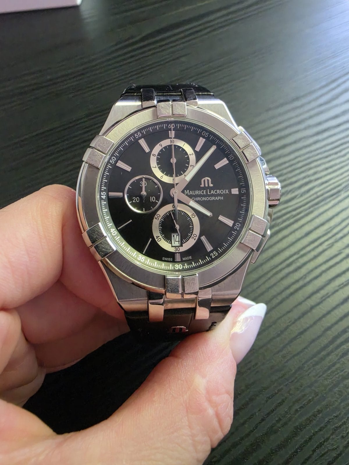 Maurice Lacroix Aikon Chronograph Herenhorloge, Leer, Staal, Polshorloge, Zo goed als nieuw
