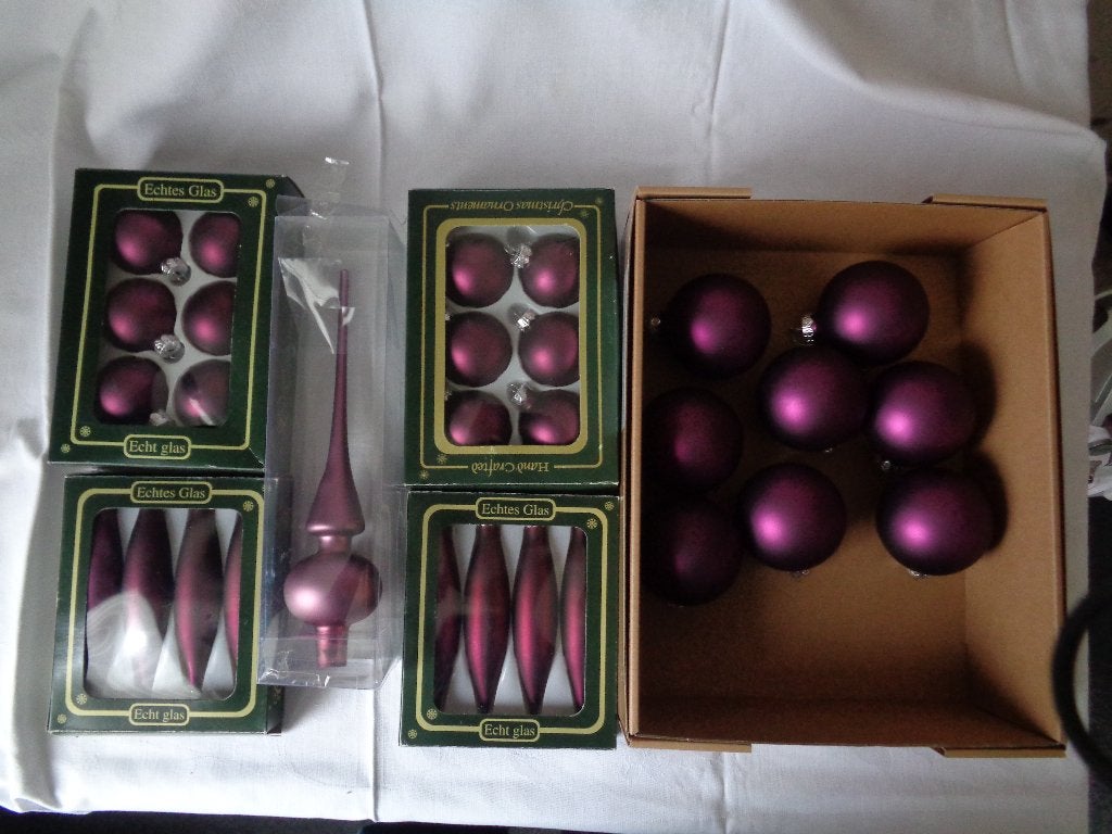 Glazen paarse Kerstballen en Piek, Ophalen of Verzenden, Zo goed als nieuw