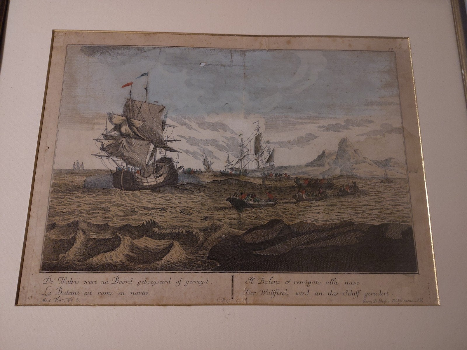 Walvisjacht: Historische Ets van Georg Balthasar Probst, Antiek en Kunst, Ophalen, Dagelijks leven, Ets, 1700 - 1799