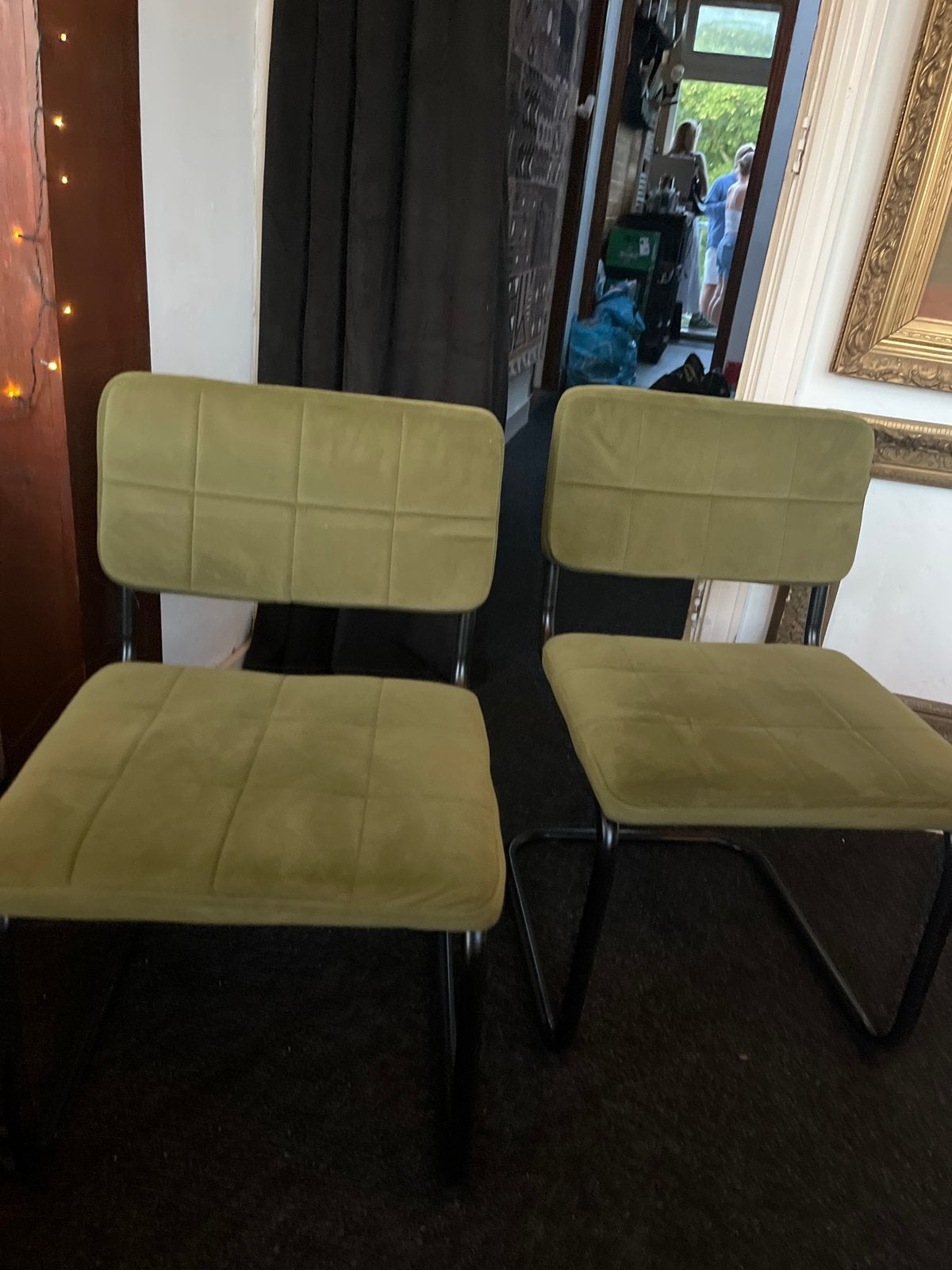 Set van 2 Groene Fluweel Stoelen - Modern Design, Huis en Inrichting, Ophalen, Gebruikt, Twee, Overige kleuren