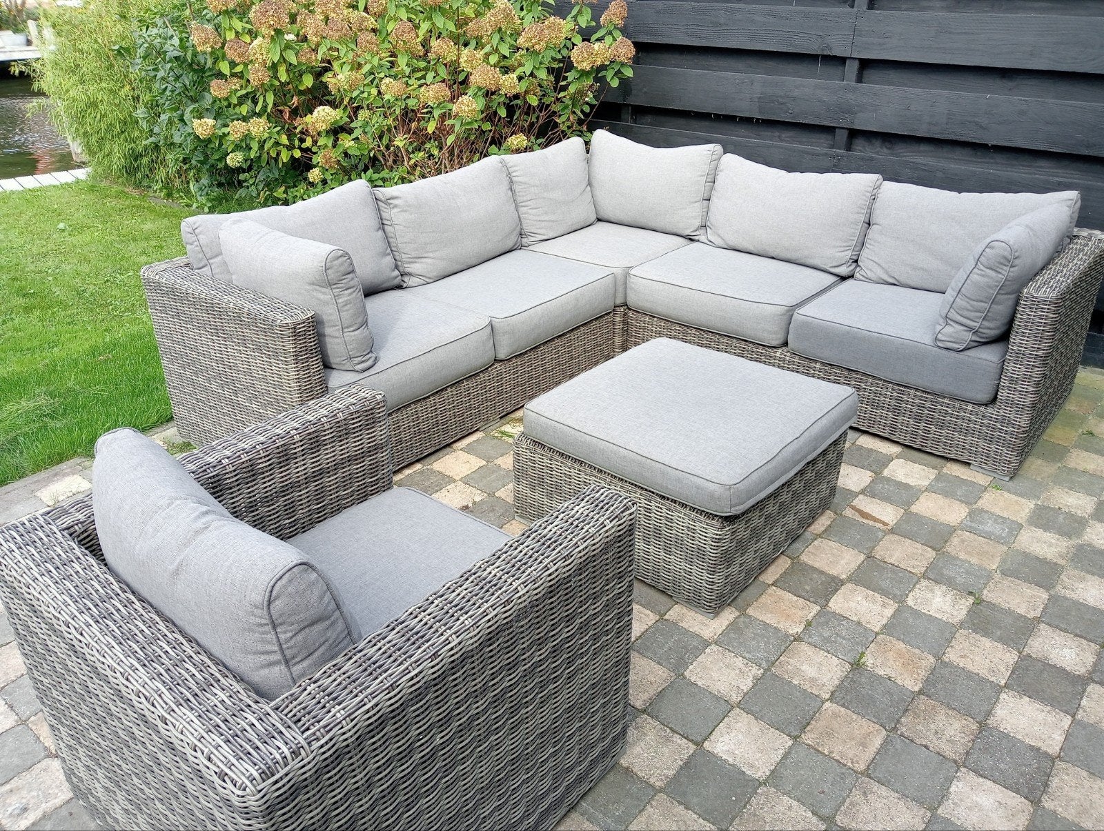Wicker Loungeset met Hoekbank, Stoel en Hocker, Tuin en Terras, Tuinsets en Loungesets, Ophalen, 5 zitplaatsen, Loungeset, Wicker