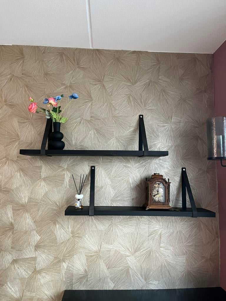 2x Wandplank met leren plankdragers, Ophalen, Gebruikt