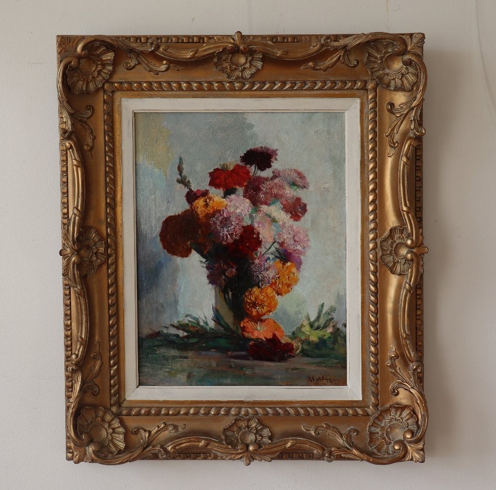 Willem Korteling, 1889-1964 stilleven met bloemen schilderij, Bloemen, Doek, Impressionistisch, Ophalen of Verzenden