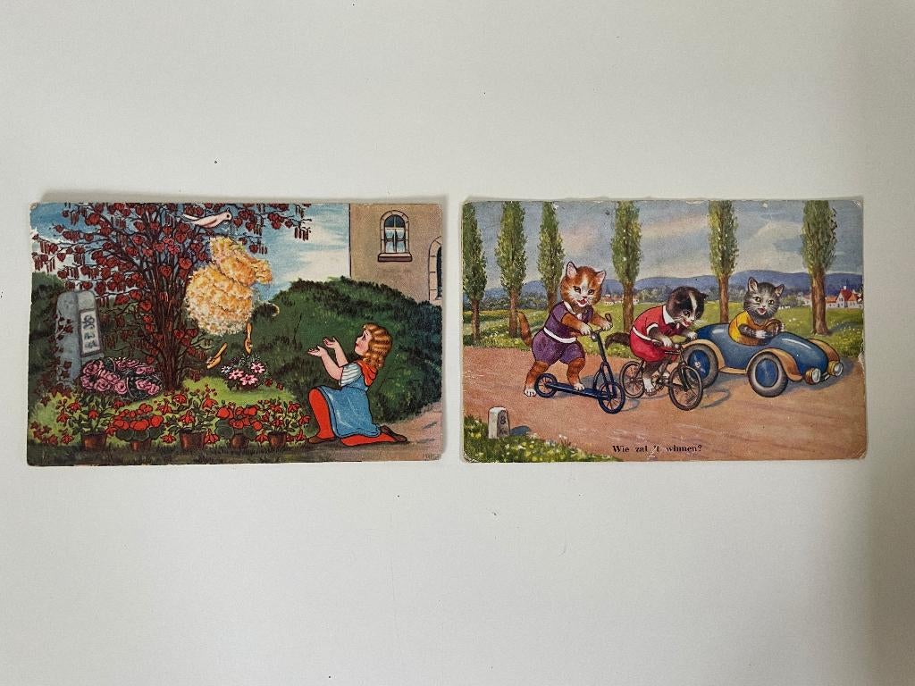 C961 Ansichtkaarten Poezen Wie zal het winnen? Assepoester, Verzamelen, Ophalen of Verzenden, 1940 tot 1960, Ongelopen, Overige thema's