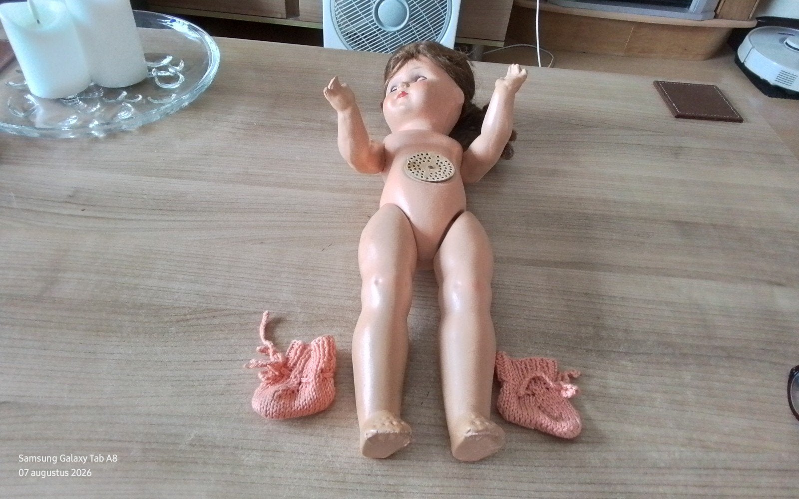 Antieke PAPIER MACHÉ pop, ca. 51 cm, piepgeluid, Ophalen of Verzenden, Gebruikt, Pop