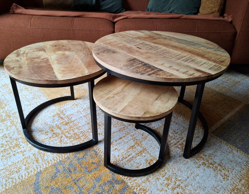Salontafel Mangohout Set van 3, Gebruikt, 50 tot 100 cm, Rond, 50 tot 100 cm