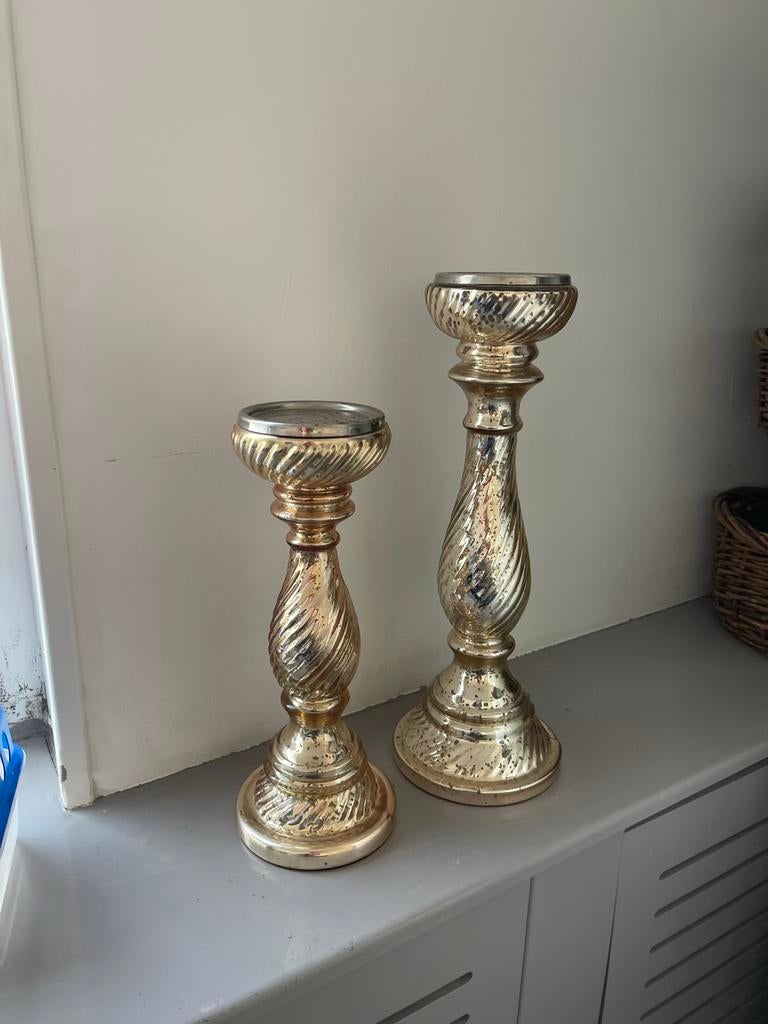 Riviera Maison Kaarsenstandaards Brons L & M, Ophalen of Verzenden, Zo goed als nieuw, Kandelaar, Brons of Koper