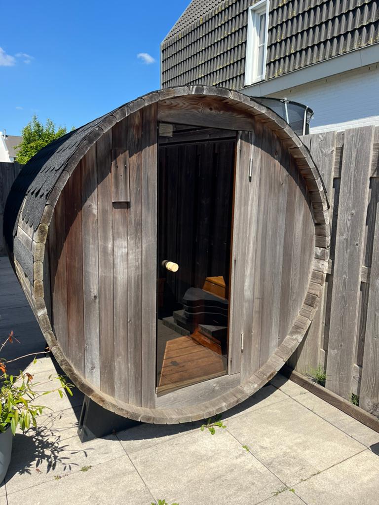 Houten ton sauna / barrelsauna met Harvia kachel, Sport en Fitness, Sauna, Ophalen, Gebruikt, Complete sauna