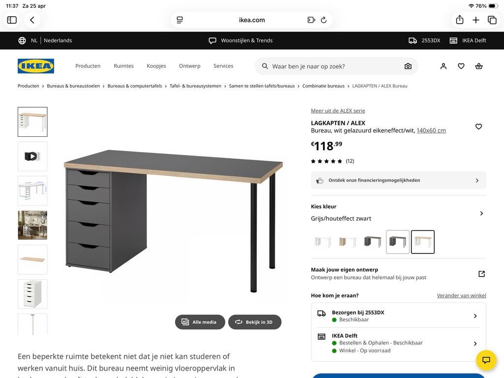 IKEA LAGKAPTEN Tafelblad met 2 poten, 120x60 cm, Huis en Inrichting, Bureaus, Ophalen, Zo goed als nieuw, IKEA, 140 cm