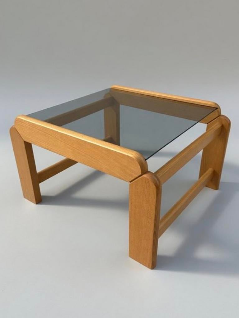 70's MCM Hodges Mersman Oak Smoked Glass table, Verzenden, Zo goed als nieuw