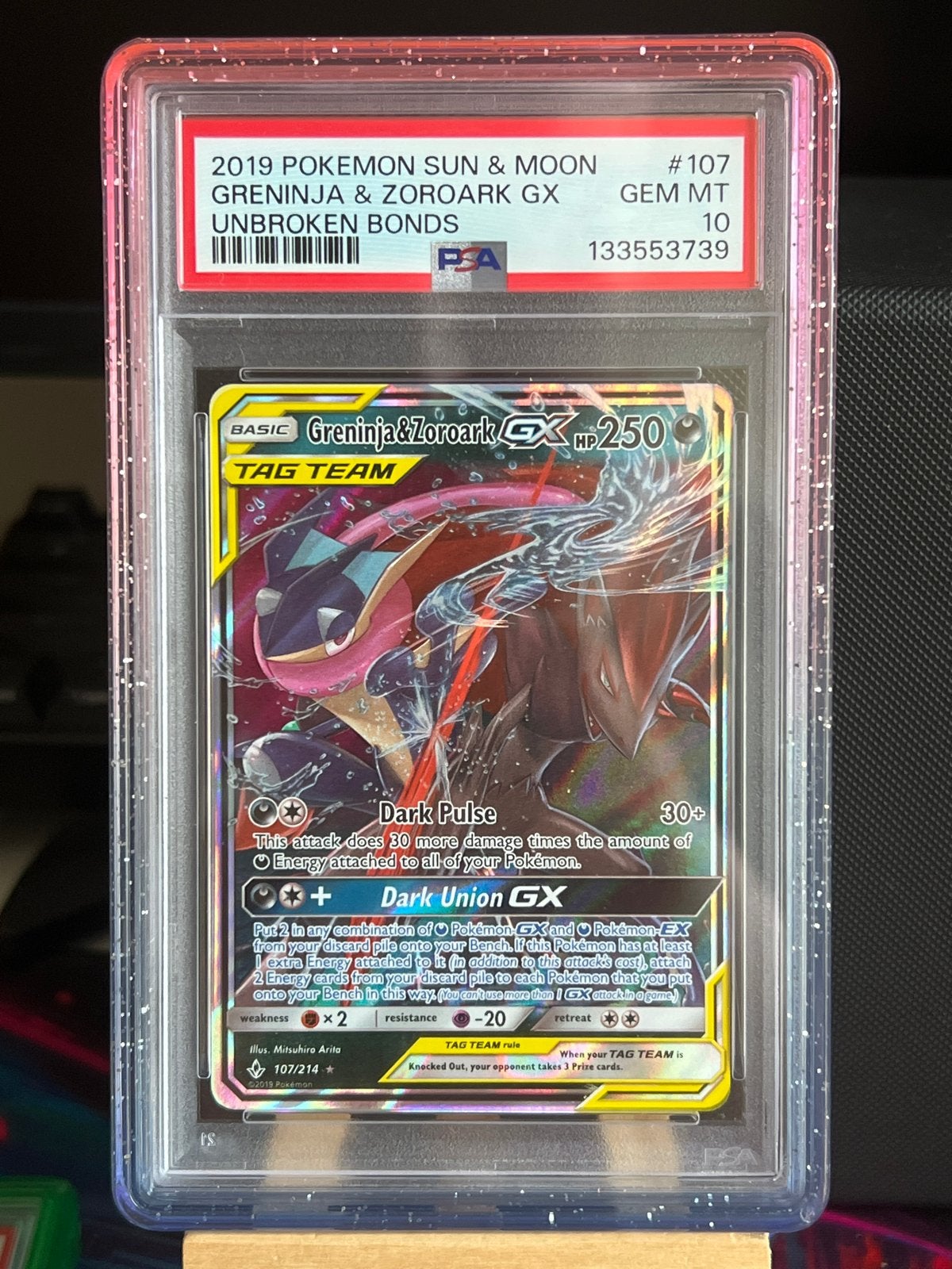 PSA 10 Greninja & Zoroark GX 107/214 Sun & Moon, Ophalen of Verzenden, Nieuw, Losse kaart