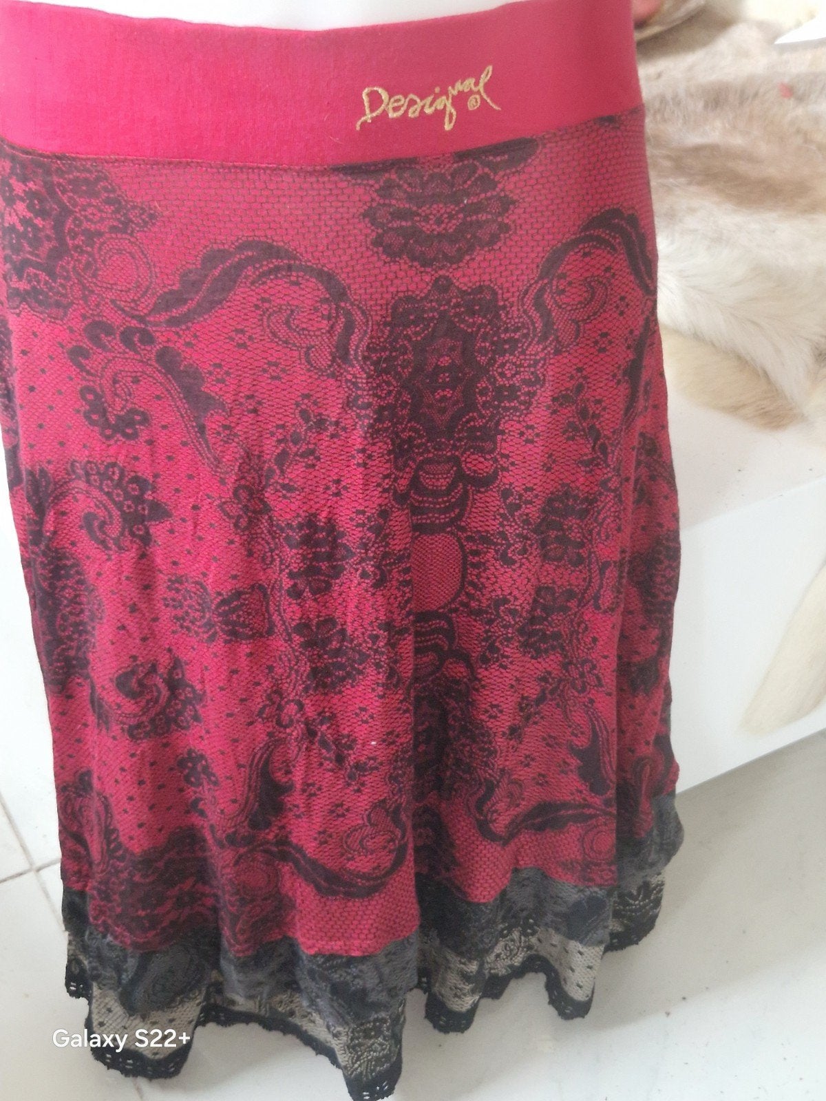 Desigual rok rood met zwart patroon en kant XL, Ophalen of Verzenden