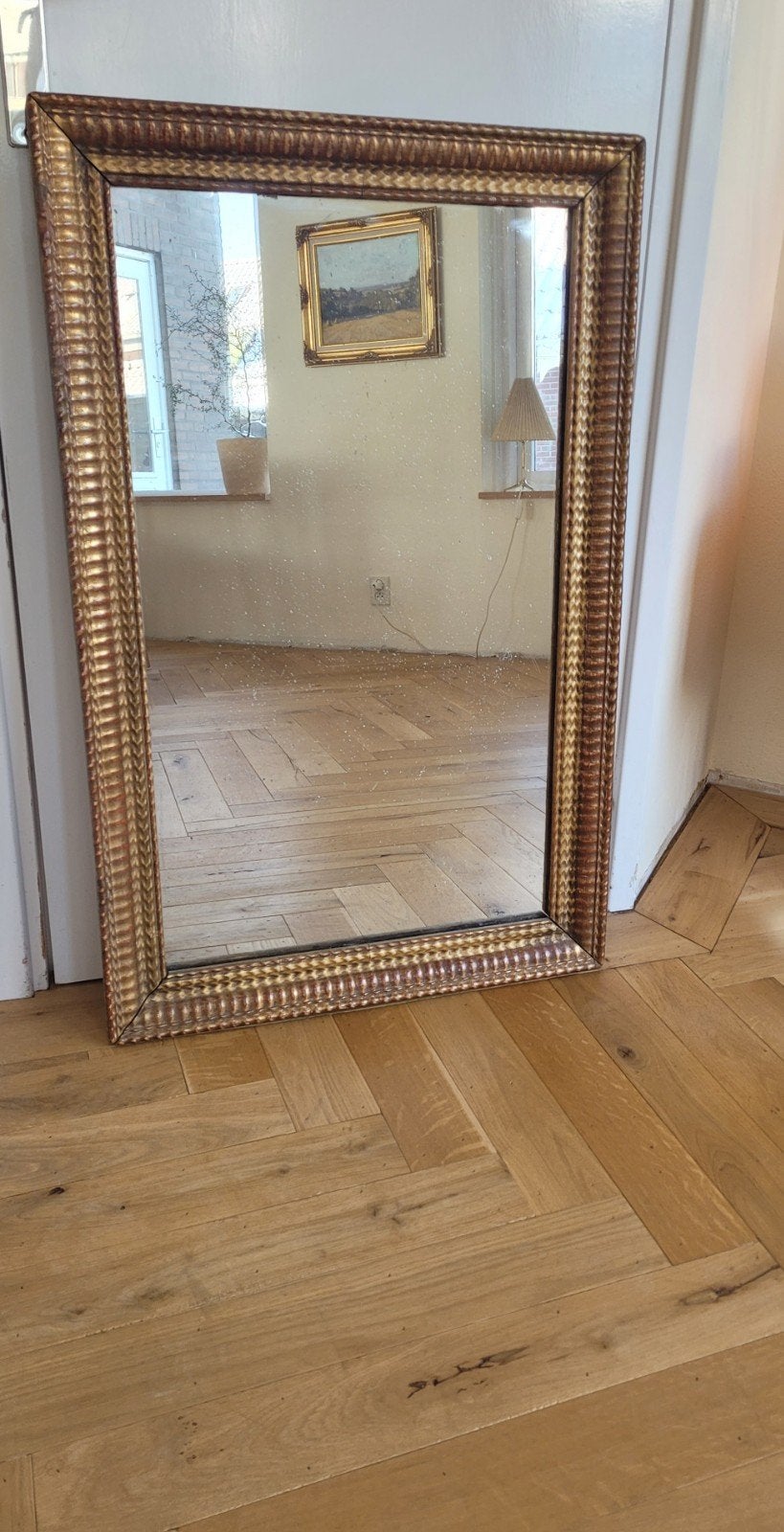 Antieke grote Franse rechthoekige spiegel hout verguld, Ophalen, Gebruikt, Rechthoekig, Minder dan 100 cm
