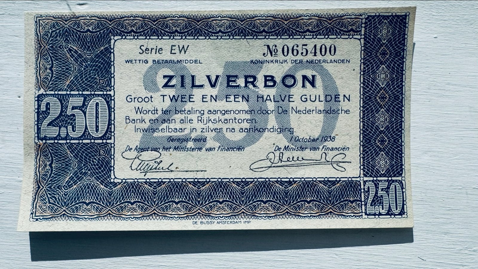 Zilverbon 2,50 gulden 1938 - Ongecirculeerd verzamelbiljet, Postzegels en Munten, Ophalen of Verzenden, 2½ gulden, Los biljet