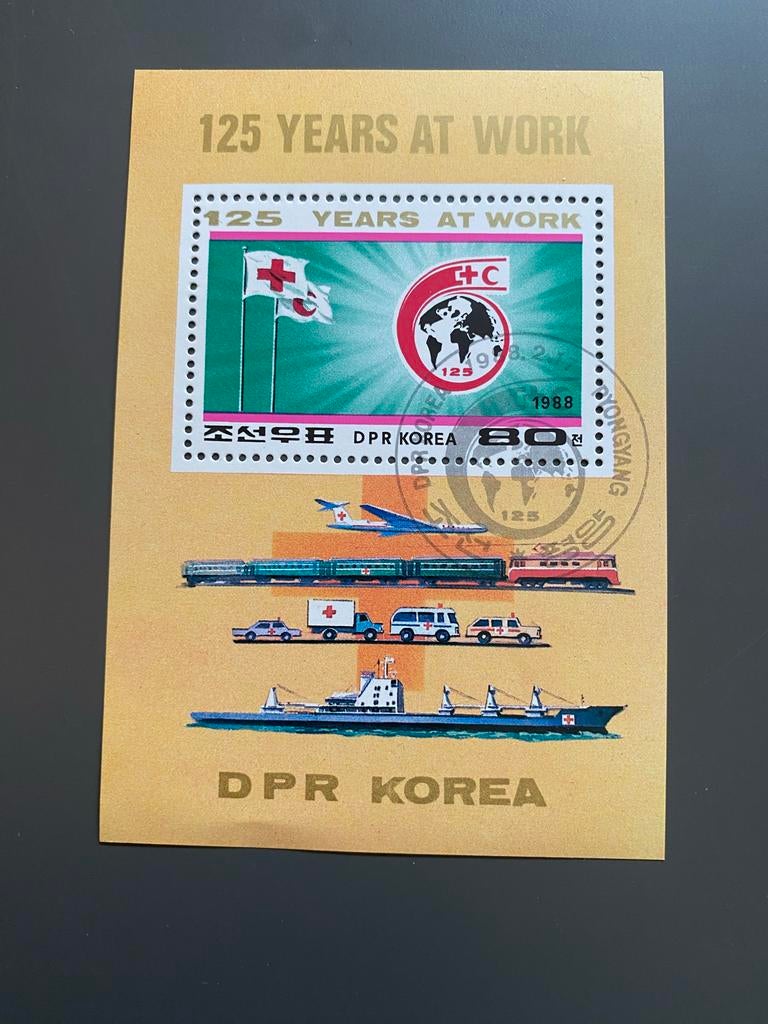 Postzegelblokje Noord-Korea 1988 Rode Kruis, Ophalen of Verzenden, Gestempeld, Treinen