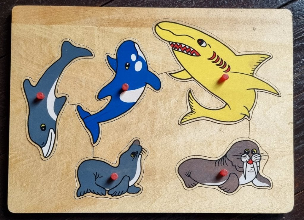 Houten noppenpuzzel met zeedieren - 5 stukjes - IZGST, Ophalen of Verzenden, Minder dan 10 stukjes, Zo goed als nieuw