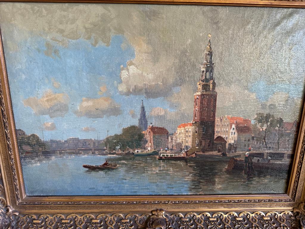 Henk Welther – Gezicht op de Montelbaanstoren Amsterdam –, Antiek en Kunst, Kunst | Schilderijen | Klassiek, Ophalen