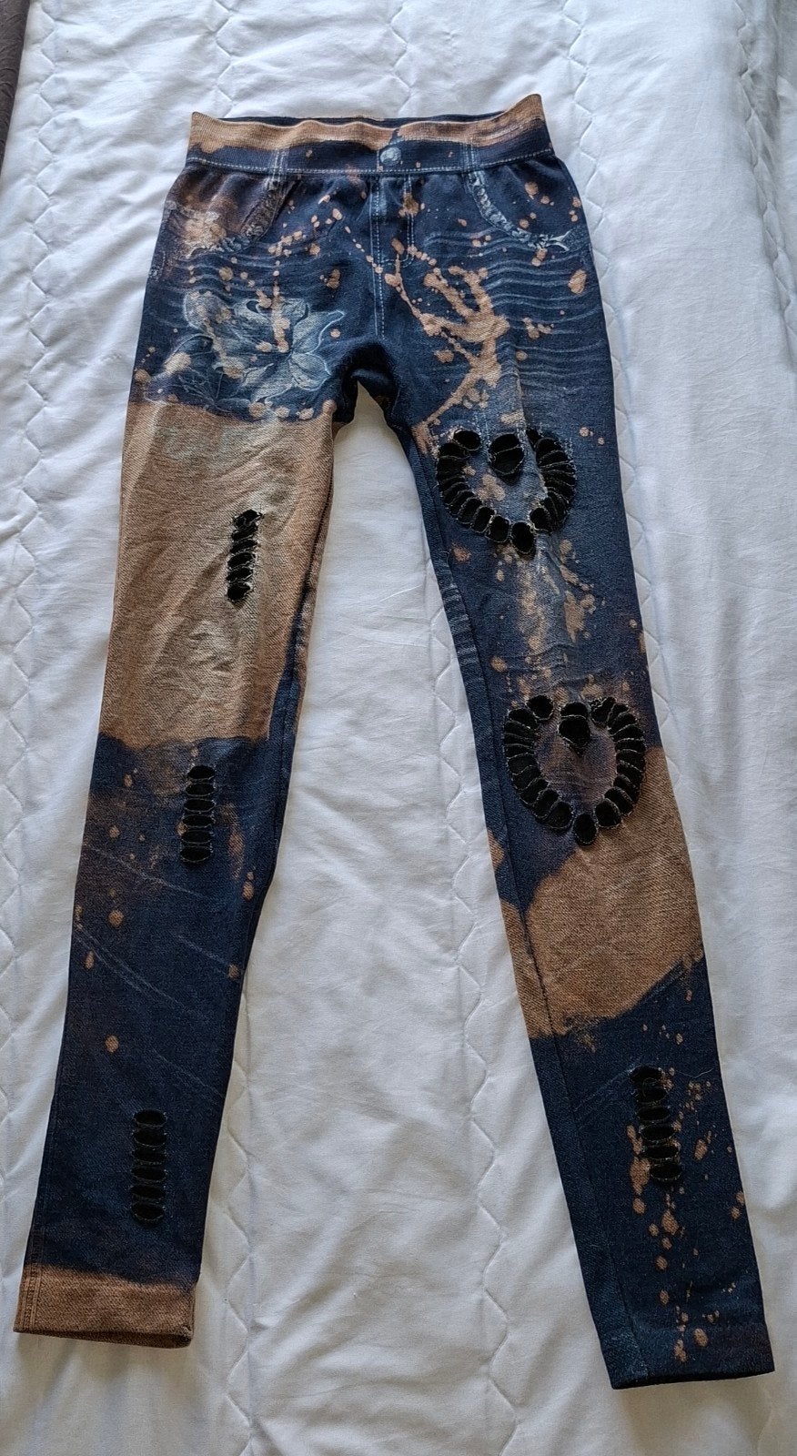 Vintage legging met gaten en patches maat S/M, Legging, Blauw, Maat 40/42 (M), Ophalen of Verzenden
