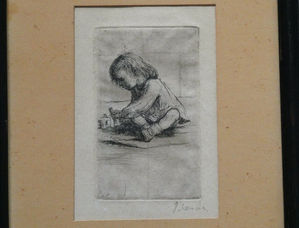 Ets Kleuter / kind speelgoed gesigneerd Jules Van Ael België, Ingelijst, Ets, Ophalen of Verzenden, 23 cm