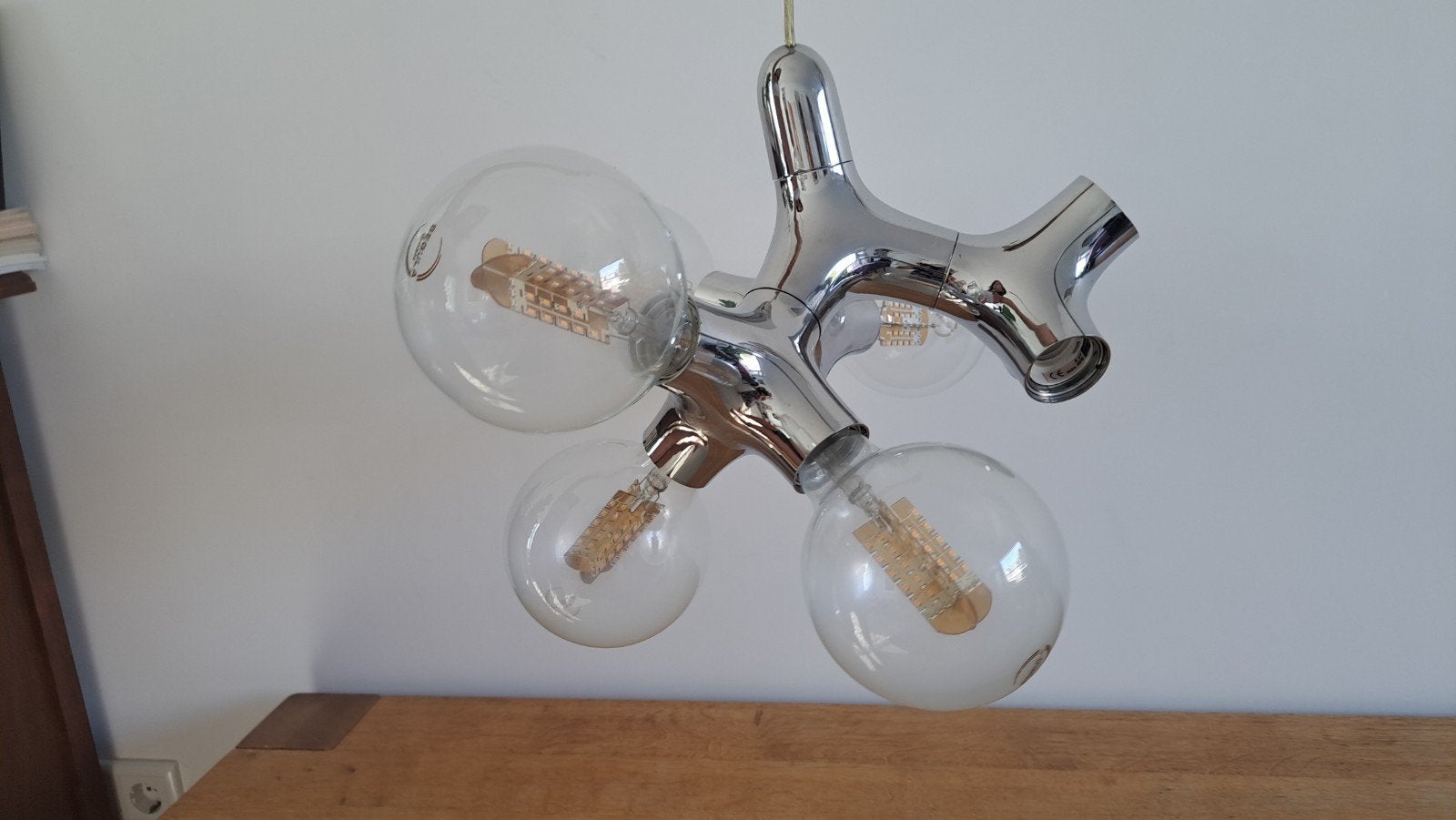 Moderne Chrome Hanglamp met 5 LED Edison Lampen, Ophalen, Modern, Industrieel, E27 (groot), Zo goed als nieuw